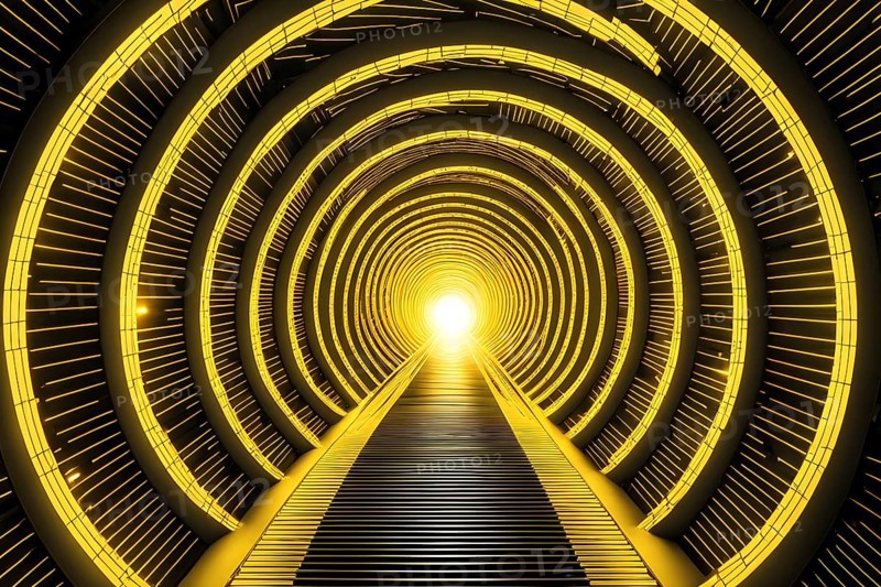 Abstract geometric pattern tunnel structure embodying data streams and communication in yellow hues, AI generated