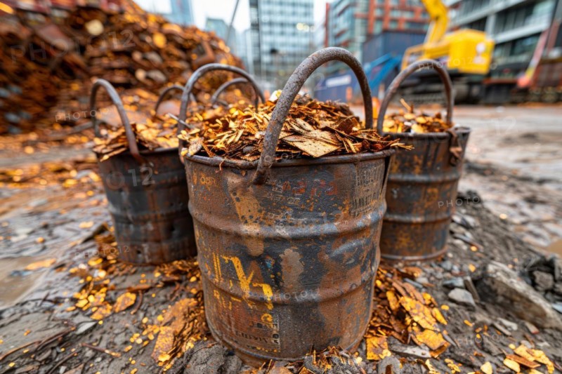 Scrap metal, in barrels in a scrap yard, recycling plant for metal utilisation, AI generated, AI generated, AI generated