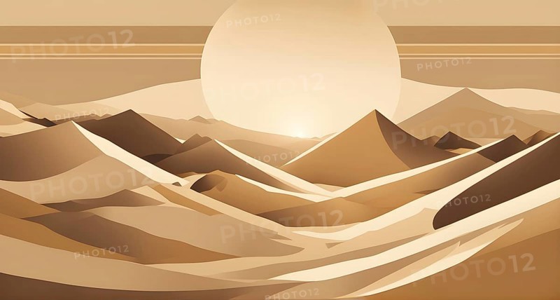 Abstract desert scene with triangular sand dunes and a single circular sun, using sharp lines and subtle gradients in neutral earth tones, AI generated