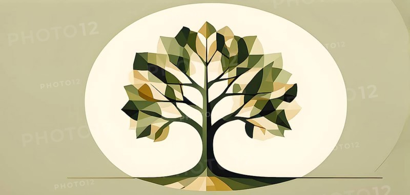 Abstract geometric tree with a circular canopy and a rectangular trunk, arranged in a clean, balanced design with a limited color palette of olive green, deep brown, and ivory, AI generated