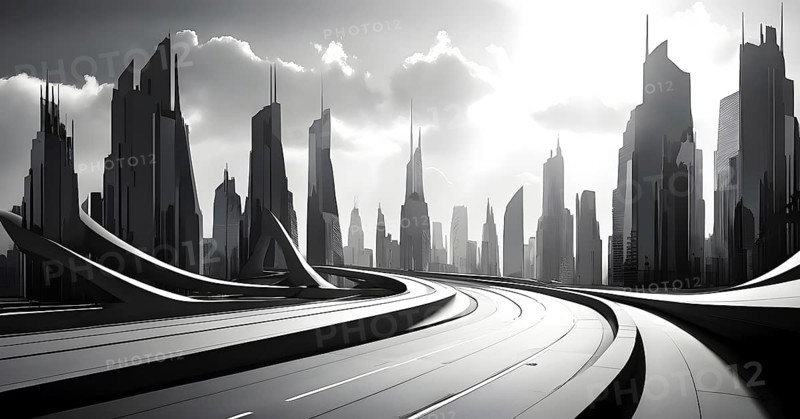 Modern city skyline using clean lines and geometric forms, with rectangular buildings and smooth, curved roads in a monochromatic color palette of grey, black, and white, AI generated