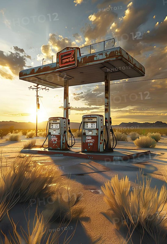 Abandoned retro gas station in the middle of a desert at sundown, with rusted gas pumps and an old sign, AI generated