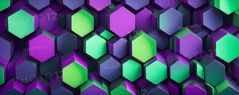 Abstract composition of interlocking green and purple hexagons, AI generated