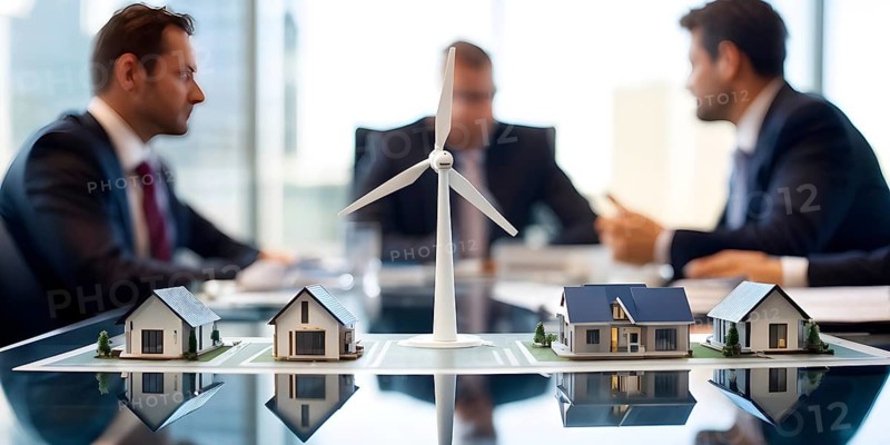 Business professionals engaged with a scale model of a wind turbine adjacent to miniature houses, AI generated