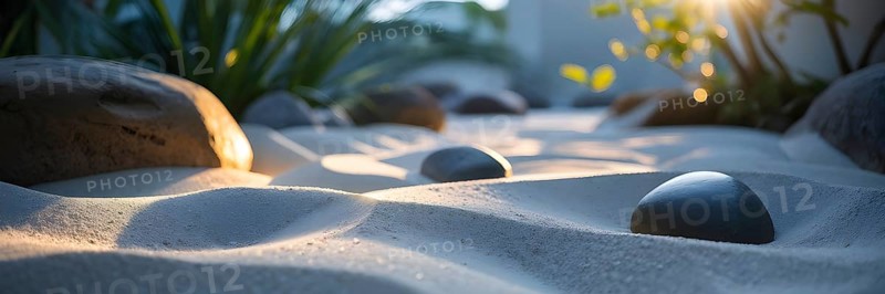 Zen garden bathed in the soft glow of dawn as a serene symbol for relaxation, AI generated