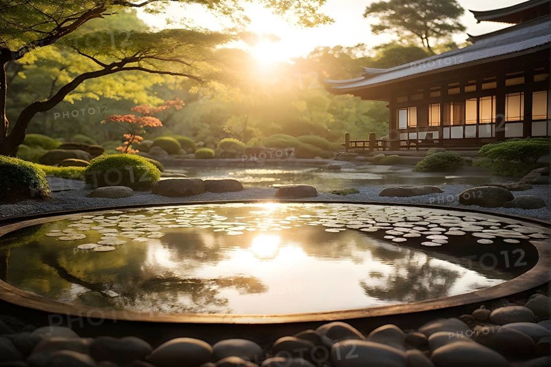 Zen garden bathed in the soft glow of dawn as a serene symbol for relaxation, AI generated