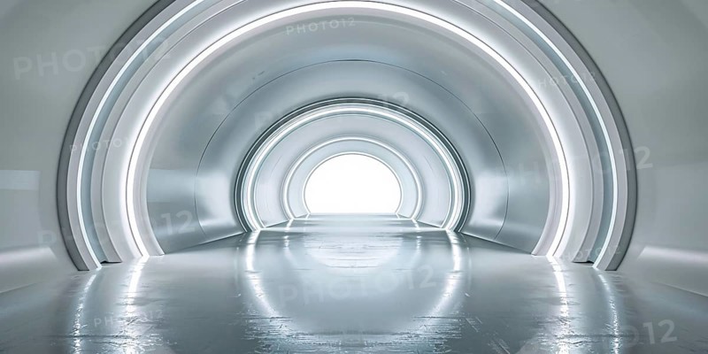 Futuristic long white hallway with arch. Generative AI, AI generated