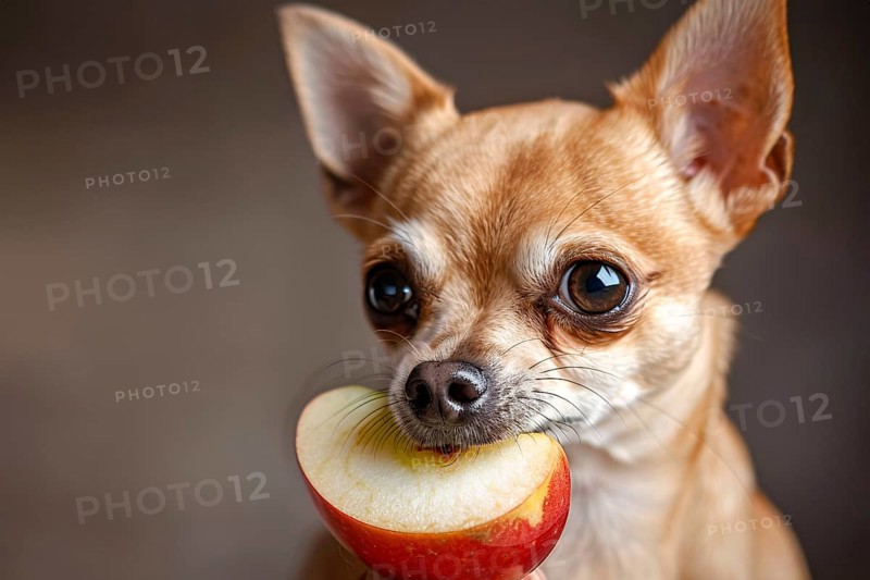 Small Chihuahua dog holding slice of apple in mouth. Generative Ai, AI generated