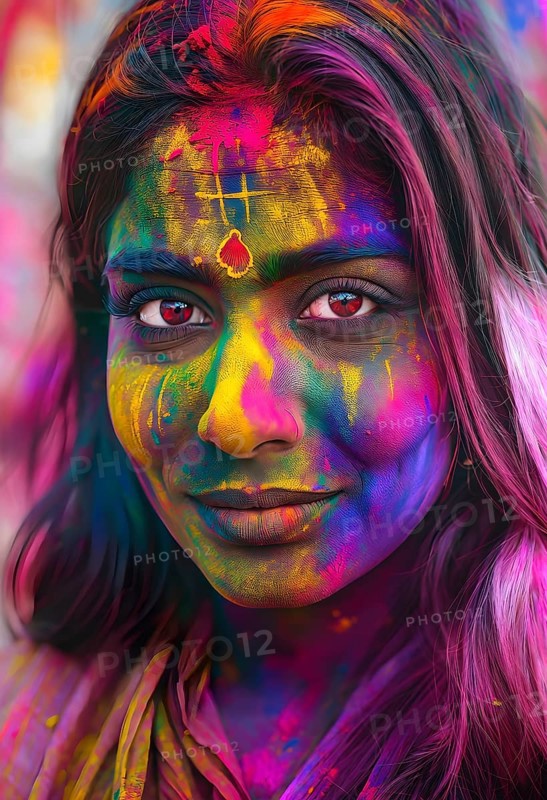 Indian woman colored face portrait during Holi Hindu festival, AI generated