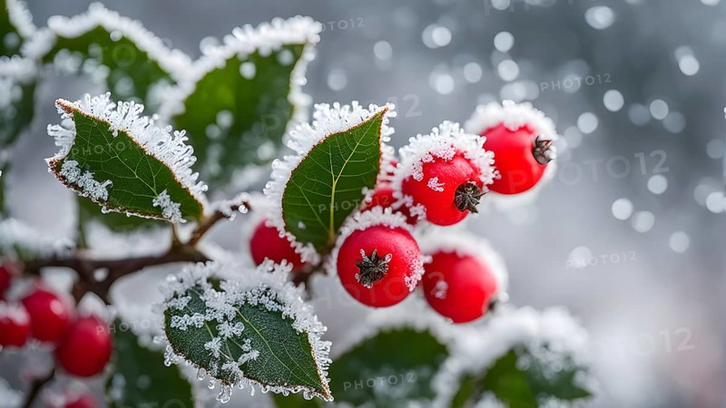 Frosty holly branch with vibrant red berries covered in delicate ice crystals, symbol for upcoming winter, AI generated