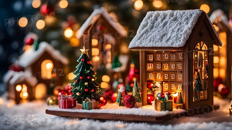 Traditional advent calendar door opening, showing a tiny festive scene inside with miniature decorations, AI generated