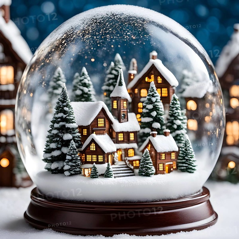 Snow globe with a tiny festive village inside, capturing the swirling snow and the light reflections on the glass dome, AI generated