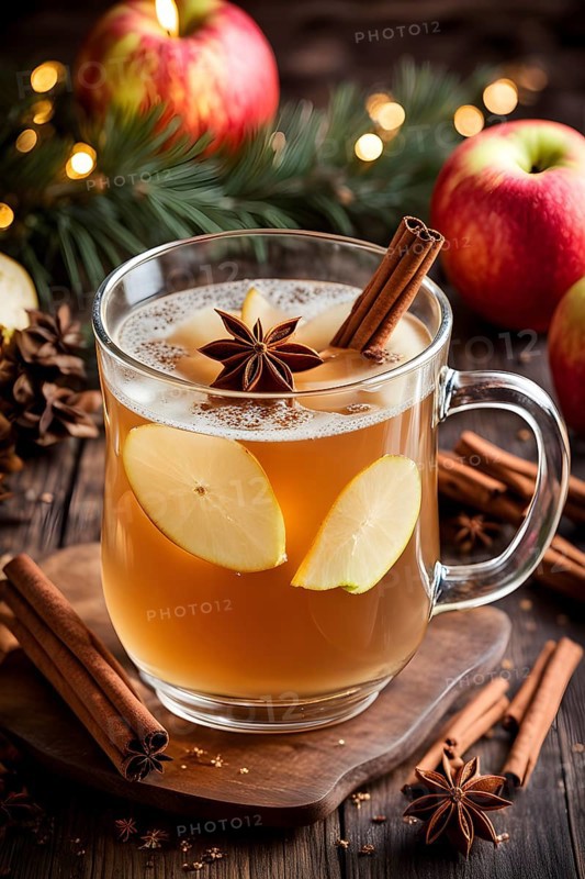 Steaming apple cider in a glass mug, garnished with a cinnamon stick and star anise, surrounded by festive decorations, AI generated
