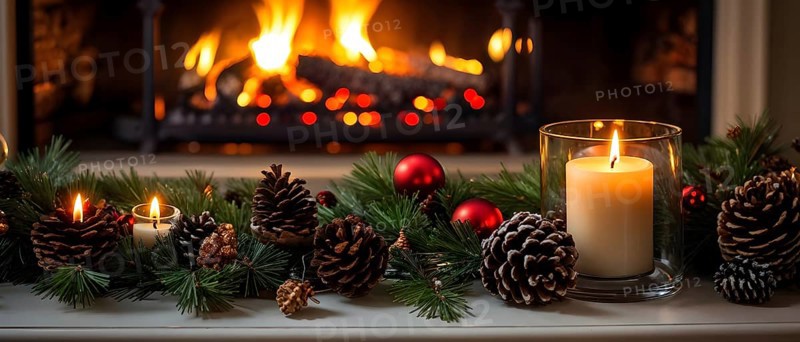 A cozy fireplace mantle decorated with pine cones, garlands, and lit candles, with a close-up focus on a burning candle flame, AI generated