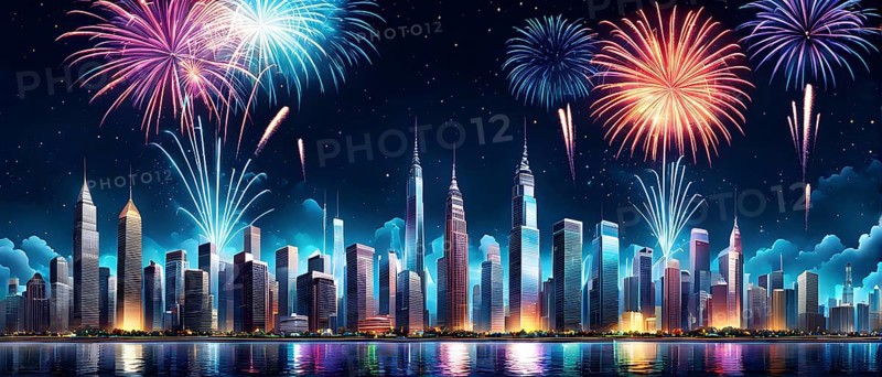 Wallpaper illustration of a cityscape on New Year's Eve, with glowing skyscrapers and floating holographic fireworks, blending a sense of festive atmosphere, AI generated