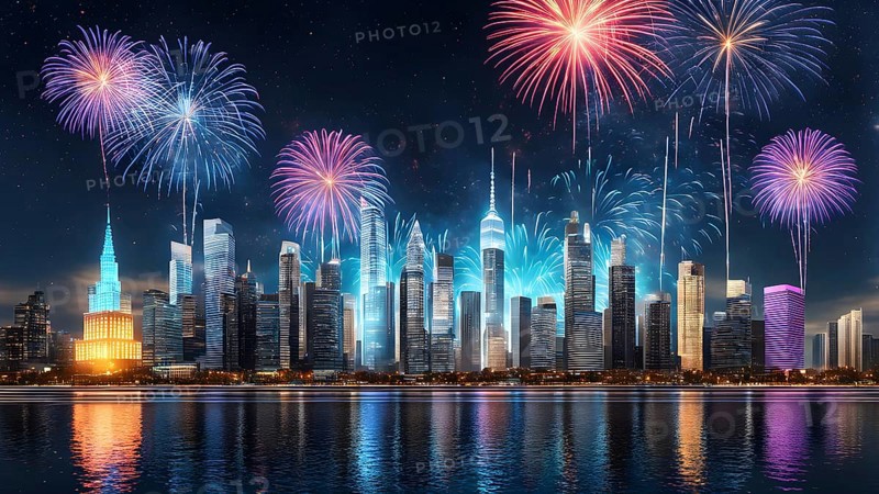 Wallpaper illustration of a cityscape on New Year's Eve, with glowing skyscrapers and floating holographic fireworks, blending a sense of festive atmosphere, AI generated