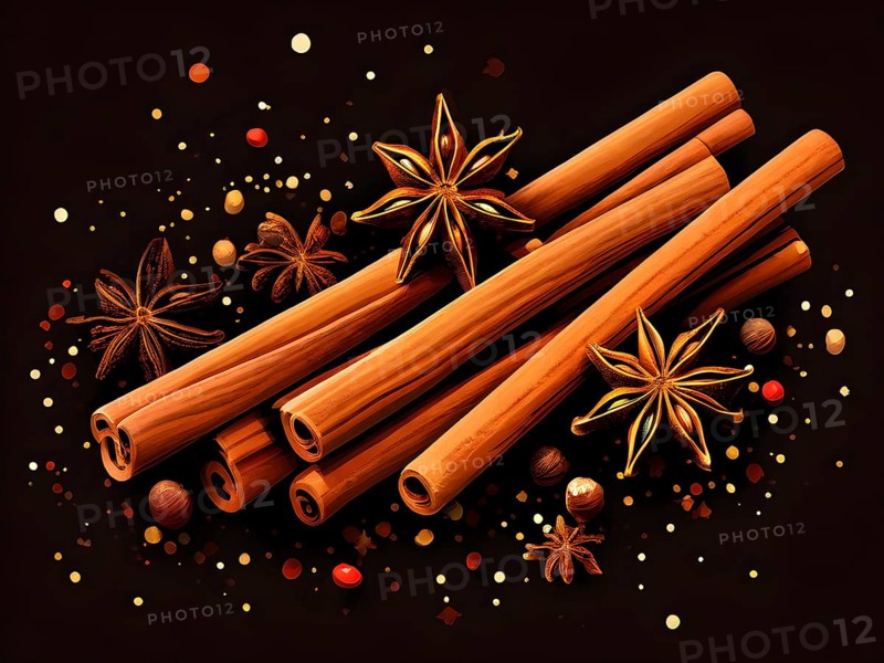 Abstract wallpaper illustration of Christmas spices like cinnamon sticks, star anise, and cloves, AI generated