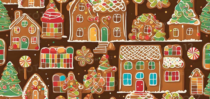 Abstract wallpaper illustration of of gingerbread house decoration, AI generated