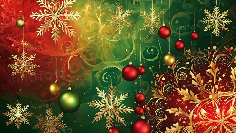 Abstract wallpaper illustration of Christmas symbols for gift cards, swirling shapes and lines, in red green and golden colors, AI generated