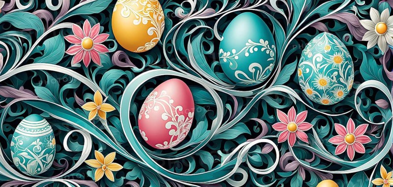 A whimsical abstract pattern with intertwined ribbons, eggs, and floral motifs, with a mix of sharp and soft lines creating depth, AI generated