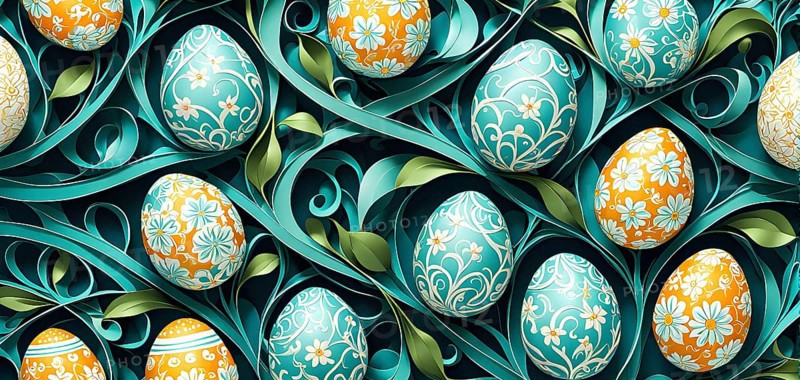 A whimsical abstract pattern with intertwined ribbons, eggs, and floral motifs, with a mix of sharp and soft lines creating depth, AI generated
