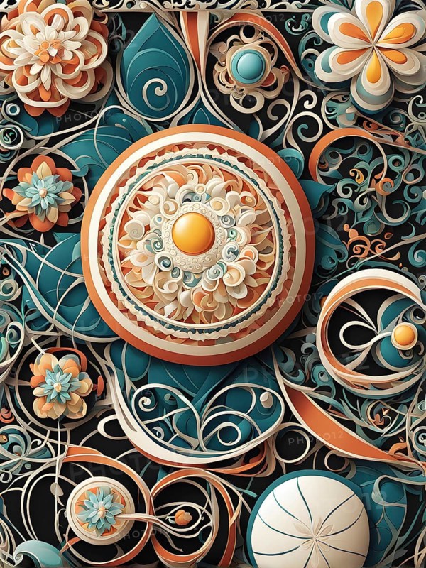 A whimsical abstract pattern with intertwined ribbons, eggs, and floral motifs, with a mix of sharp and soft lines creating depth, AI generated