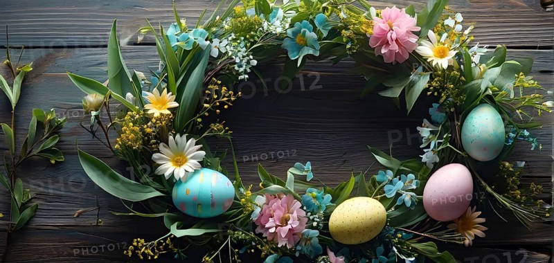 Spring wreath with pastel ribbons, speckled eggs, and blooming flowers, hanging on a wooden background, AI generated