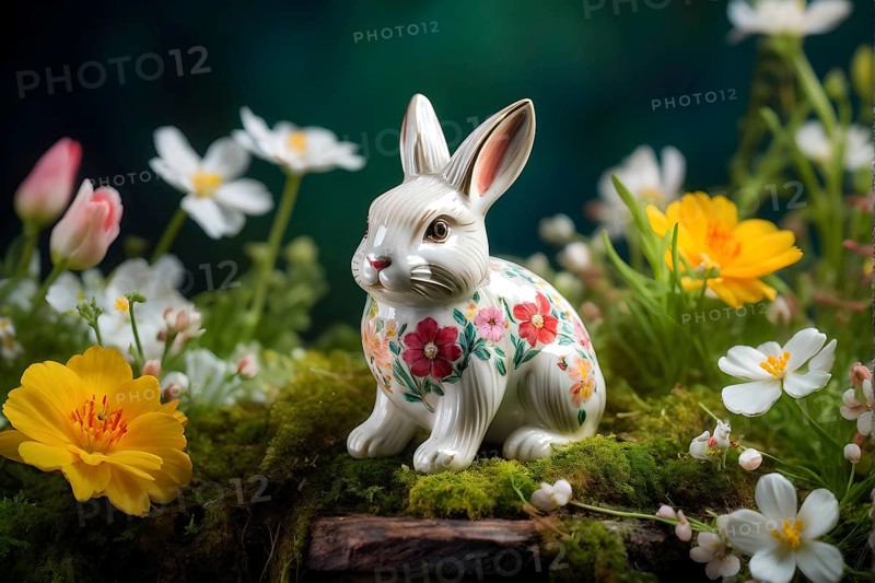 Vintage porcelain rabbit figurine surrounded by small, colorful spring flowers and soft moss, AI generated