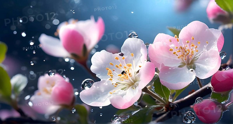 Blossoming apple blossoms in springtime, with soft pink and white petals contrasting against a blurred green background, AI generated