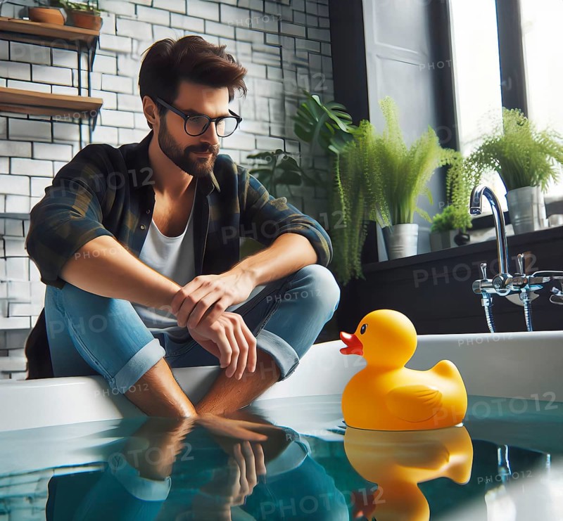 A man has his legs in the bathtub in which a rubber duck is swimming, AI generated, AI generated