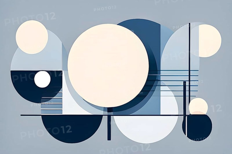 Minimalist composition of overlapping geometric shapes, such as circles, squares, and triangles, with clean lines and muted pastel colors, AI generated