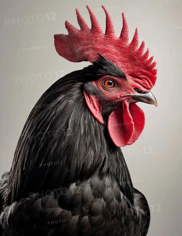Black rooster (Gallus gallus domesticus), male domestic fowl, portrait, cropped, AI generated, AI generated