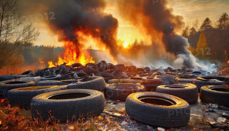 Symbolism, large junkyard with old burning car tyres, AI-generated, AI-generated, AI generated
