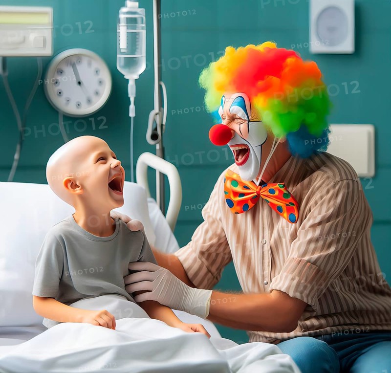 A clown, a hospital clown, in mask, red nose and costume with a sick child in the hospital and makes him laugh, AI generated, AI generated