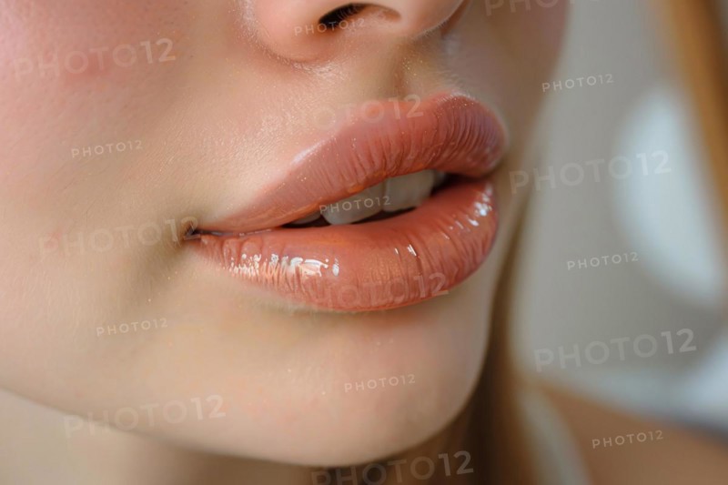 Close up of large plump lips of woman with Hyaluronic acid beauty fillers, KI generiert, generiert, AI generated
