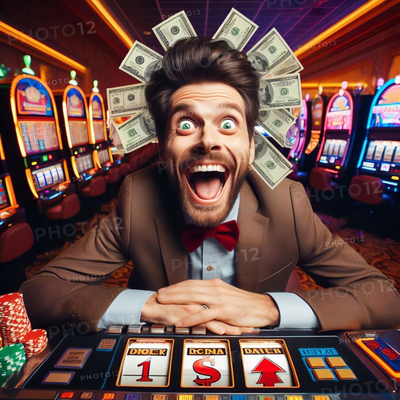 A man sits cheering in a casino, symbolic image gambling addiction, addiction, gambling, gambling den, debt, money, finance, AI generated, AI generated