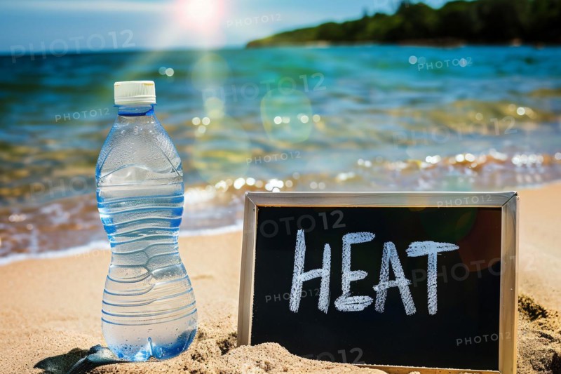 Water bottle next to chalkboard with text 'heat' at beach. KI generiert, generiert, AI generated