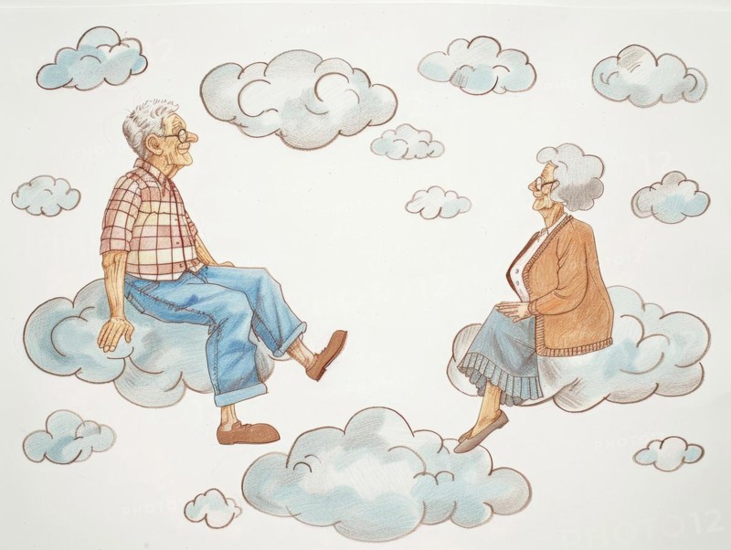 A caricature, illustration of an elderly couple sitting on clouds, cheerful idea of the afterlife, wishful thinking about what happens after death, AI generated, AI generated, AI generated