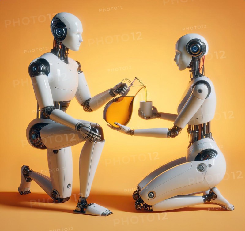 A male humanoid robot kneels in front of a female humanoid robot and pours her oil from a jug, symbolic image cybernetics, science fiction, technology, AI generated, AI generated