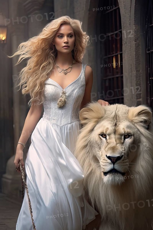 Beautiful young woman with long blonde hair with her white pet lion, AI generated