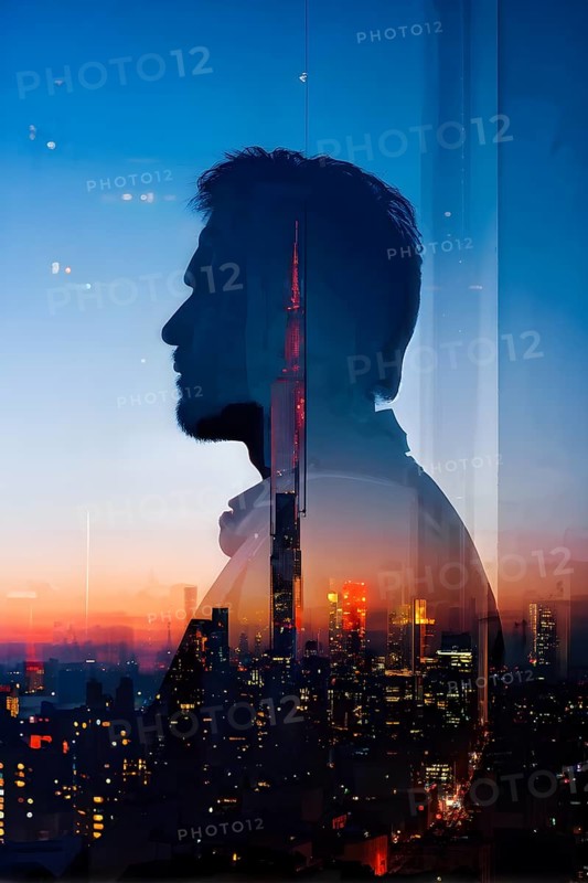 AI generated profile of a businessman with a double exposure of city lights, representing business success against an evening sky