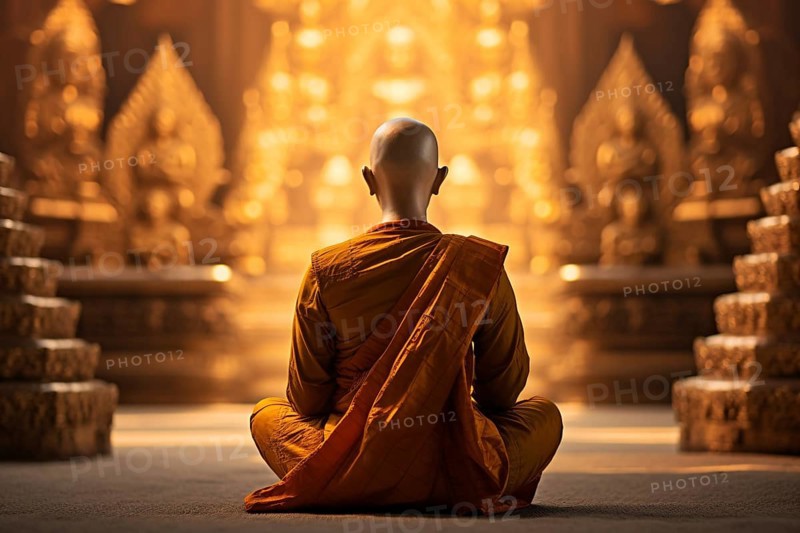 Back view of monk in Buddhist temple. KI generiert, generiert AI generated