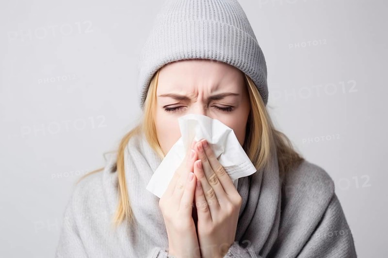 Young woman with cold sneezing into paper tissue. KI generiert, generiert AI generated