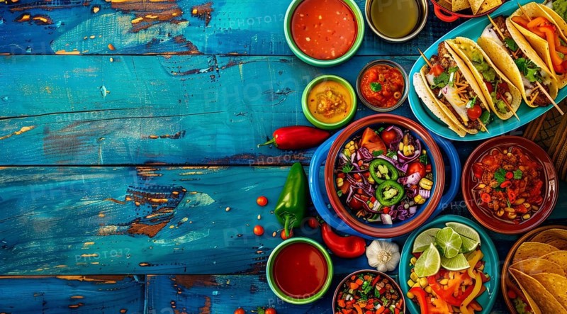 Mexican authentic food mix containing national cuisine items - fajitas, carnitas and tacos., AI generated