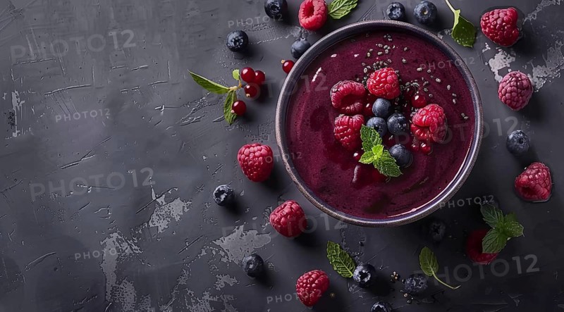 Flat lay view of acai bowl smoothie and Spirulina algae with berries. Healthy diet, AI generated