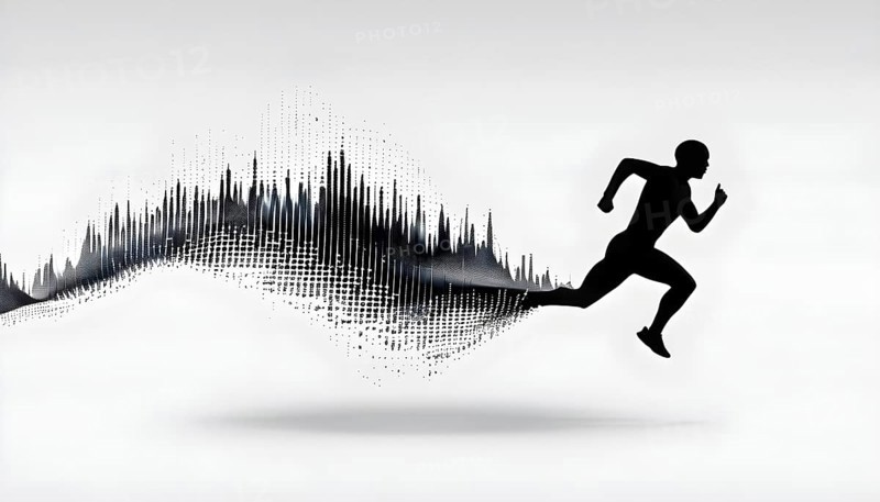 Wave of data points shaping into a runners silhouette, abstract illustration in black and white, conveying speed and precision guided by AI, AI generated