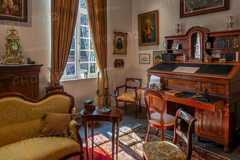 Antique, secretary desk inside 18th century clergy house Schriek at recreated village in open air museum Bokrijk, Limburg, Flanders, Belgium, Europe