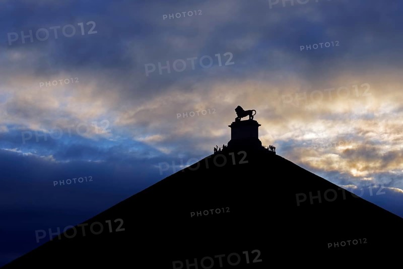 Lion's Mound at sunset, monument commemorating the ending of the Napoleonic war at Domain of the Waterloo 1815 Battlefield, Braine-l'Alleud, Belgium, Europe