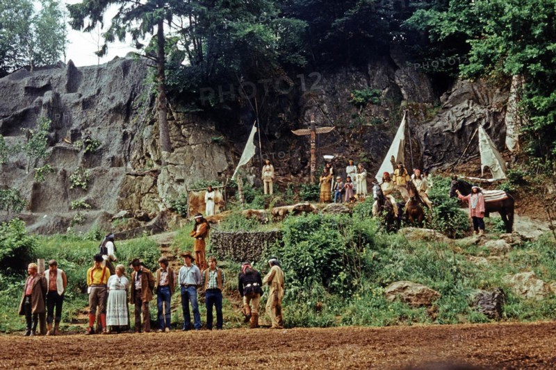 Performers in The Treasure in Silver Lake, Karl May Festival, open-air theatre Elspe, Sauerland, North Rhine-Westphalia, Germany, June 1982, vintage, retro, old, historical, Europe