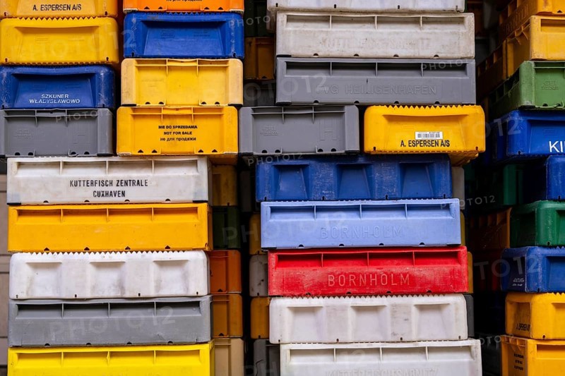 The town harbour of Sassnitz, island of Rügen, boxes of fish waiting for the new catch, at the fishing harbour, Mecklenburg-Vorpommern, Germany, Europe